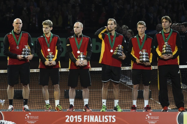 (From L) Belgium's captain Johan van Herck, Belgium's David Goffin, Belgium's Steve Darcis, Belgium's Ruben Bemelmans, Belgium's Kimmer Coppejans and Belgium's Niels Desein pose with their trophies after losing the Davis Cup tennis final against Britain at Flanders Expo in Ghent on November 29, 2015. Britain won the Davis Cup for the first time in 79 years in Ghent on Sunday when Andy Murray defeated David Goffin 6-3, 7-5, 6-3, in the first of the reverse singles for an unbeatable 3-1 lead over Belgium. AFP PHOTO / JOHN THYS / AFP / JOHN THYS